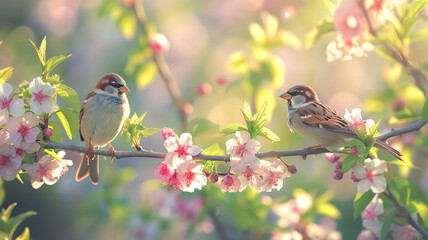 Sparrow birds perched gracefully on a tree branch adorned with delicate flowers in a lush spring garden