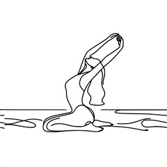 Single line vector drawing. Elegant, slender, young, naked woman on the beach doing gymnastics, yoga