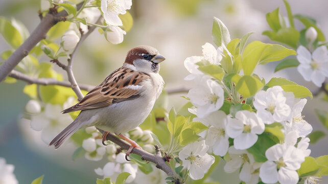 Sparrow birds perched on a tree branch near an apple tree adorned with white flowers in a lush spring garden