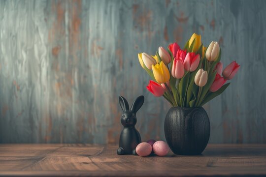 Happy Easter Eggs Basket festive. Bunny in virtual reality flower Garden. Cute 3d Swirling patterns easter rabbit illustration. Easter picture book card wallpaper easter ham