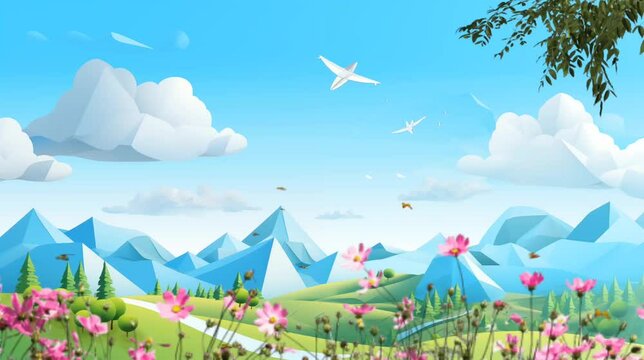 Paper art landscape with flowers. Seamless looping time-lapse 4k video animation background