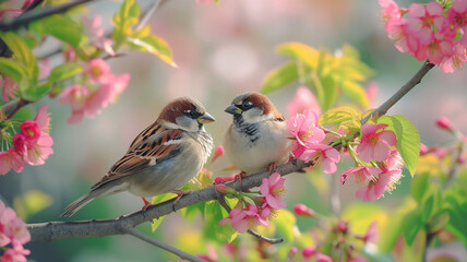 Sparrow birds resting peacefully on a tree branch amidst a vibrant display of flowers in a picturesque spring garden