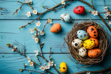 Happy Easter Eggs Basket digital card. Bunny in easter heliotrope flower Garden. Cute 3d ranunculus easter rabbit illustration. Easter scandinavian card wallpaper enchanting