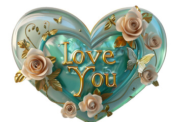Modern Heart Sculpture: 'Love You' Engraved - Rose Flowers and Butterflies - Transparent Background