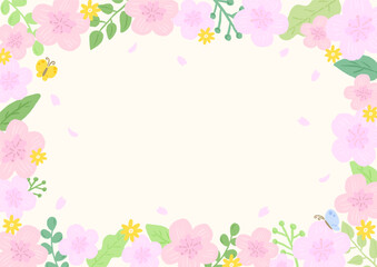 Obraz na płótnie Canvas Sakura and butterfly background frame inspired by spring, stylish hand-drawn illustration / 春をイメージしたさくらとちょうちょの背景フレーム、おしゃれな手描きイラスト