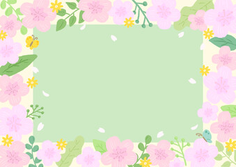 Fototapeta na wymiar Sakura and butterfly background frame inspired by spring, stylish hand-drawn illustration / 春をイメージしたさくらとちょうちょの背景フレーム、おしゃれな手描きイラスト