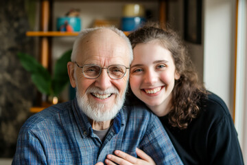 Elderly father and daughter posing at home. Warm family relationship. Looking at camera, smiling.  - obrazy, fototapety, plakaty