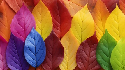 Fototapeta na wymiar Still life photo of a rainbow of colorful autumn leaves