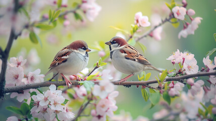 Fototapeta premium Sparrow birds resting peacefully on a tree branch with delicate flowers in full bloom