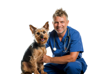 Veterinarian in blue medical coat with a dog, isolated on transparent background png file (2)