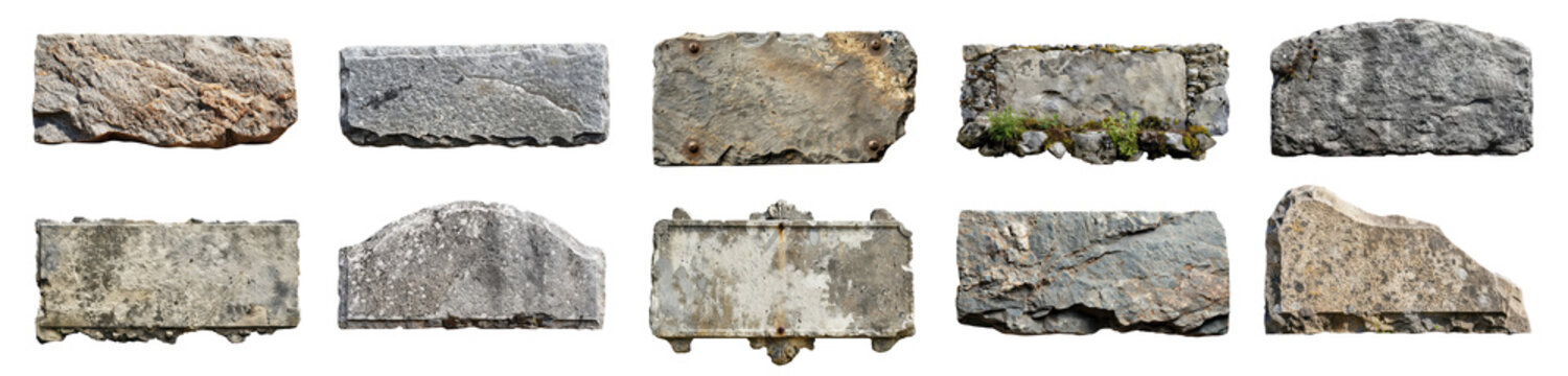 Set of Ancient grey stone plaque with rough texture, cut out - stock png.