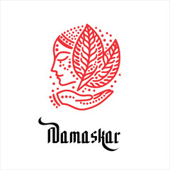 Naklejka premium Indian women in traditional clothing with namaste hand, Welcoming logo design