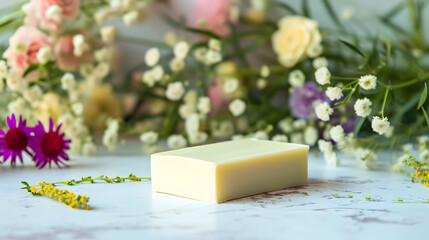 Obraz na płótnie Canvas Blank white soap mockup with beautiful flowers around 