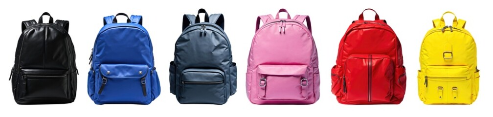 Collection of classic multi pocket backpacks set in different colours isolated on transparent background. Generative AI