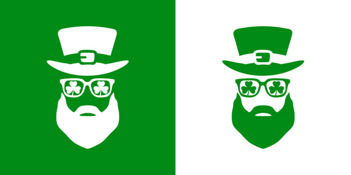 Día de San Patricio. Logo con silueta de sombrero de leprechaun con gafas de sol con treboles y barba para felicitaciones y tarjetas