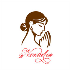 Indian women in traditional clothing with namaste hand, Welcoming logo design