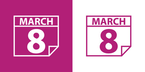 Logo Día Internacional de la Mujer. Hoja de calendario lineal con texto 8 March - obrazy, fototapety, plakaty