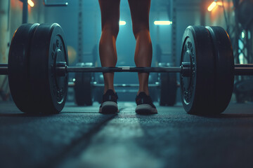 A man's legs stand in front of a barbell. Gym exercise concept, strength concept