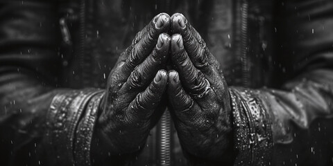 Black and white portrait of old wrinkled hands praying isolated on black with space for text 