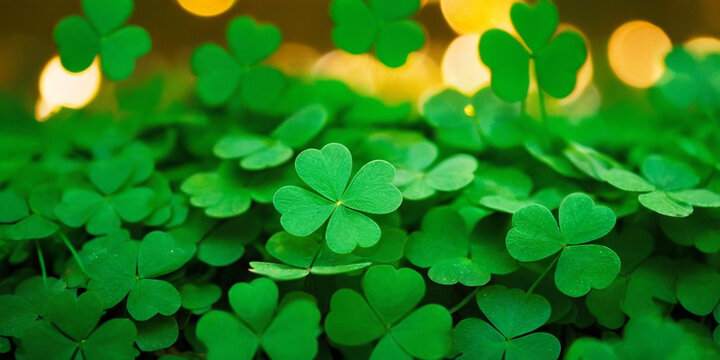 Clover Shamrocks, golden coins and bokeh. Festive image for St. Patrick's day. Generative AI.