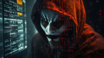 Mysterious Hacker Unleashes Cybersecurity and Malware with Double Exposure. Hacker hidden behind the mask.
