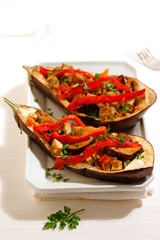 Stuffed aubergines with tofu and mushrooms.