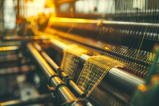 Close up of weaving machine. A loom machine for clothing or woven label.