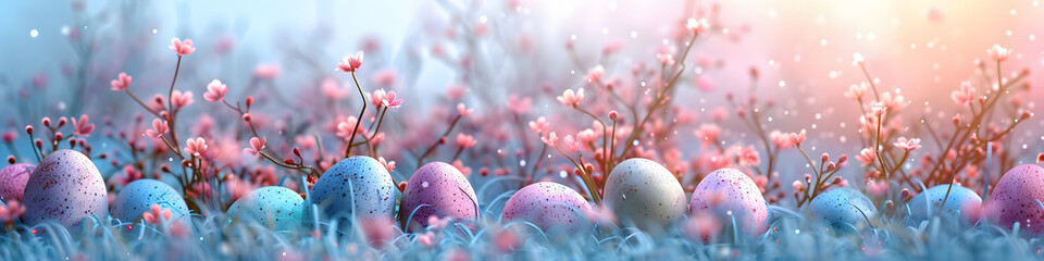 Easter background with painted eggs and spring flowers. 3d illustration. Spring easter header for...