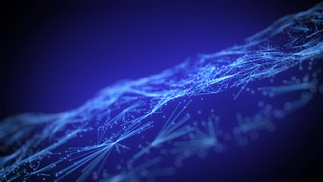 abstract digital network with interconnected lines and dots glowing in various shades of blue, symbol technology, connectivity, and data flow in a cybernetic space.