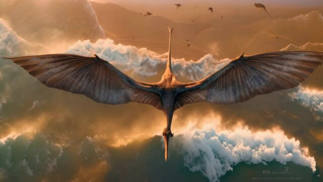 soars above the waves Its large wings cast shadows over the sand below.