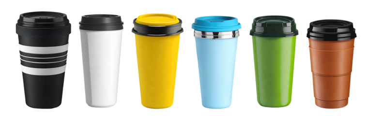 Set of modern vacuum insulated travel coffee mug isolated on transparent background. Generative AI