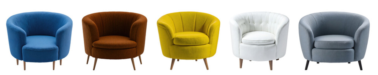 Fototapeta premium Set of various decorative round boucle tub armchair isolated on transparent background. Generative AI