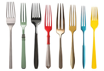Set of various modern realistic dinner forks in different colours isolated on transparent...