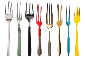 Set of various modern realistic dinner forks in different colours isolated on transparent background. Generative AI