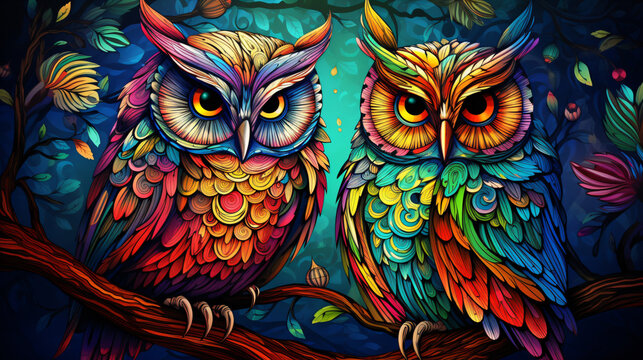 Image of colored birds owls
