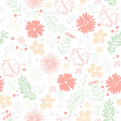 Vector floral pattern in doodle style with flowers and leaves. Gentle, spring floral background.
