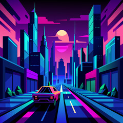 Neon-lit street race through a futuristic city vektor illustation