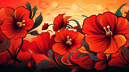Image of flowers executed in red and orange colors. - obrazy, fototapety, plakaty