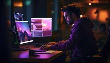 Software engineer coding in a dark room with multiple computer monitors.