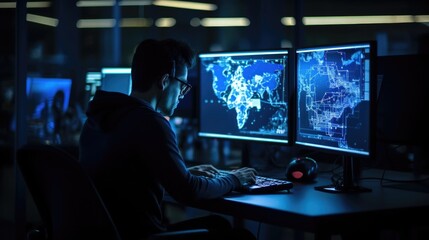 Fototapeta premium Cybersecurity analyst monitoring network traffic on world map display.