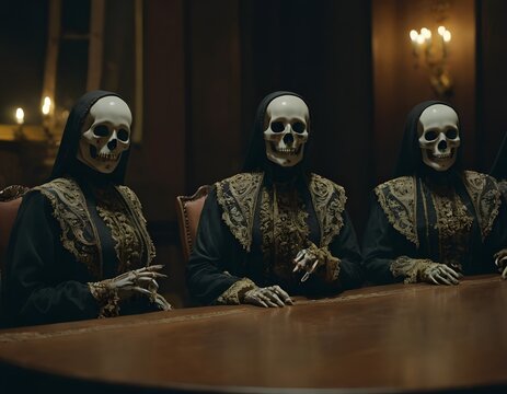 Skeleton Gathering in Candlelit Room depicts skeletons in black robes at a long dining table, their faces obscured, creating an eerie atmosphere. AI Generated