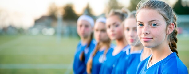 Fototapeta premium Confident Young Female Footballer with Teammates on Soccer Field Team Spirit and Friendship, soccer, football sport concept, horizontal background 