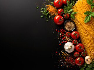 Food ingredients for italian pasta, spaghetti on black stone slate background