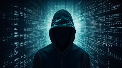 Mysterious Hacker Unleashes Cybersecurity and Malware with Double Exposure. Hacker hidden behind the mask.