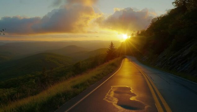 A serpentine road winding through dense forests, where towering trees form a canopy overhead. Sunlight filters through the leaves, Seamless looping time-lapse animation video background  Generated AI