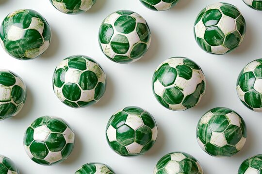 Pattern of Green and White Soccer Balls Arranged on White Surface for Sports and Recreation Concept in Stock Photo