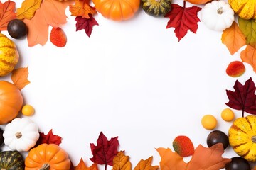 Fototapeta premium frame of pumpkins and autumn leaves with empty white space for text, celebration invitations, posters, frames etc.