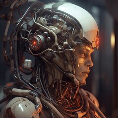 Intricate Mechanical Entity. Glimpse into Futuristic Robotics. The image presents a complex mechanical humanoid robot with its face partially obscured, highlighting the intricate wiring and machinery