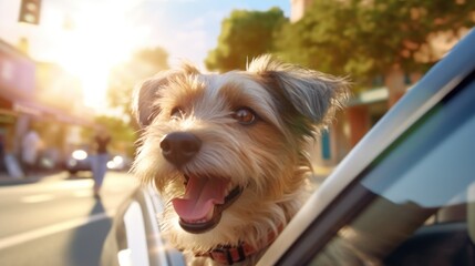 Head of happy lap dog looking out of car window. Curious terrier enjoying road trip on sunny summer day. generate AI - obrazy, fototapety, plakaty
