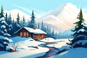 Winter Wonderland: A Charming Cartoon Cottage in a Snowy Forest Landscape